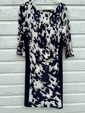 Lauren Ralph Lauren Dress Boat Neck Midi Navy Blue Stretch 3/4 Sleeves Ruched 14
